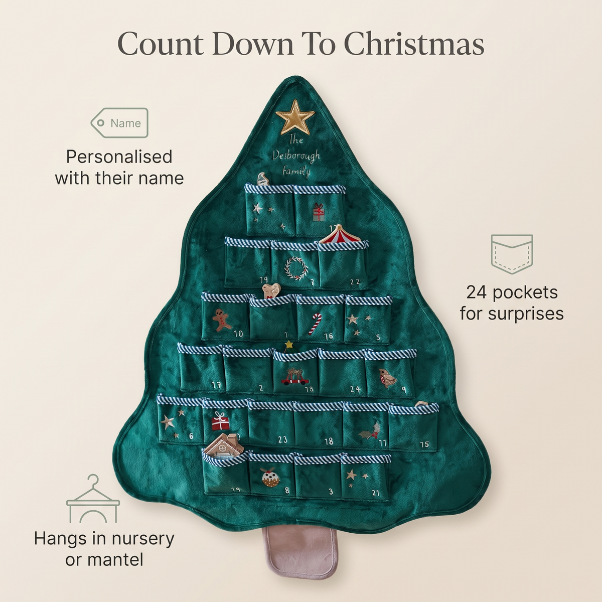 Child reaching into a pocket on a personalised fabric advent calendar at Christmas