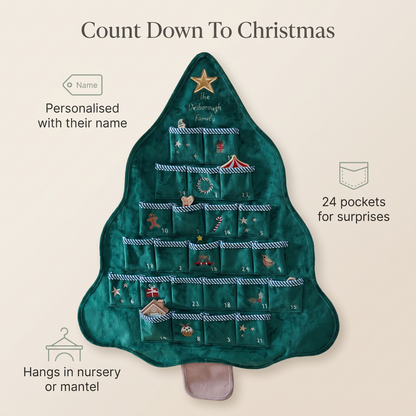 Child reaching into a pocket on a personalised fabric advent calendar at Christmas