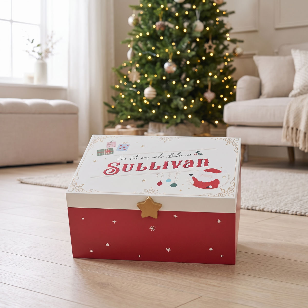 Personalised wooden Christmas Eve box with illustrated white lid and red starry base