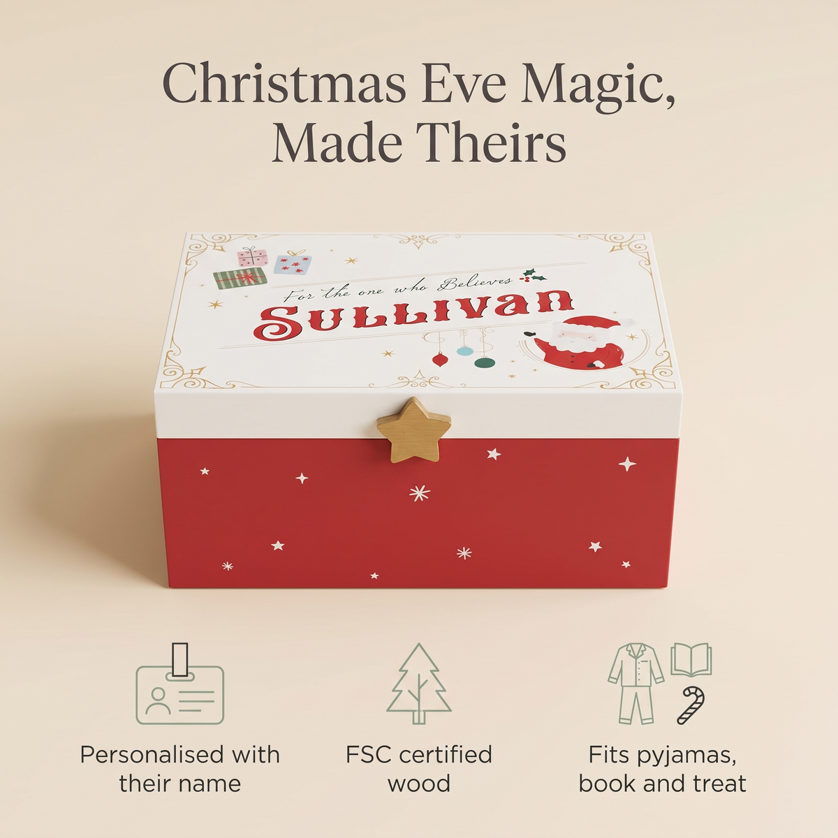 Child opening a personalised wooden Christmas Eve box