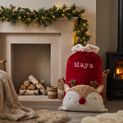 Close-up of reindeer face detail on personalised Christmas sack