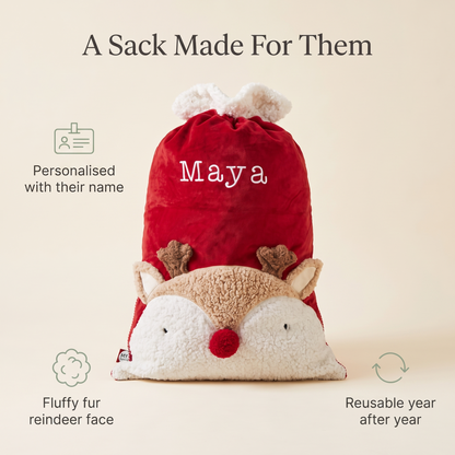 Child with personalised reindeer Santa sack on Christmas morning