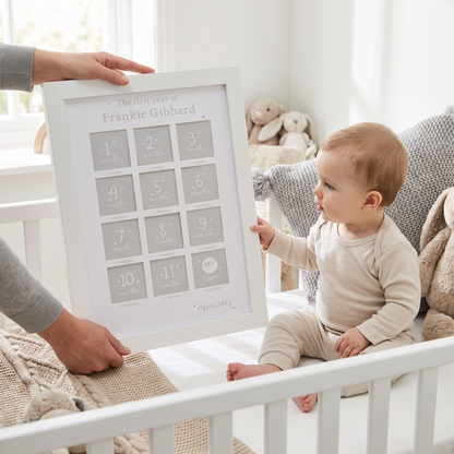 Close-up of monthly photo spaces and printed name on first year photo frame