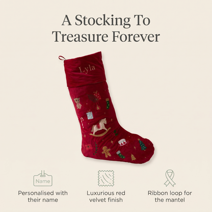 Personalised large Christmas stocking styled in a festive family living room