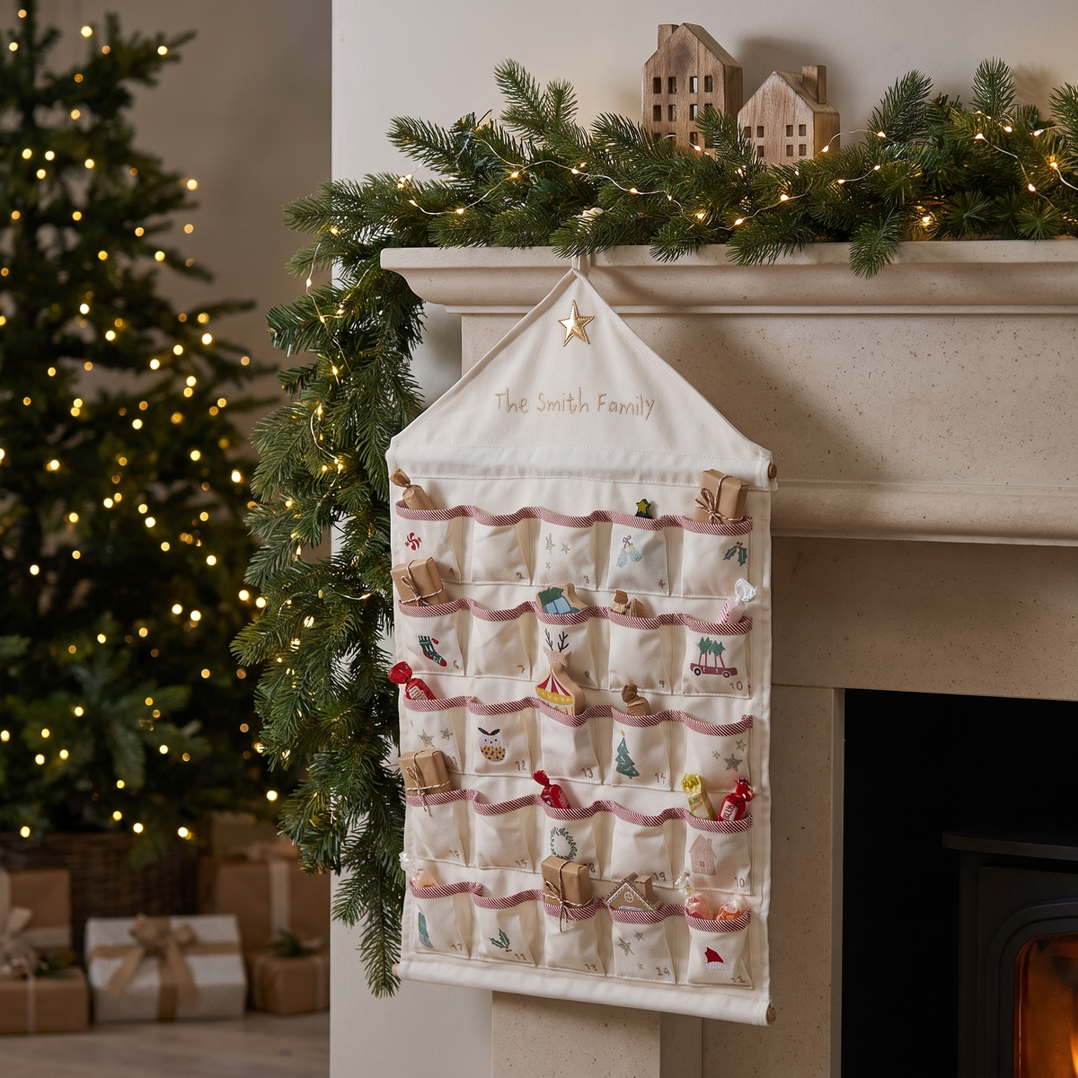 Close-up of numbered pockets and name on personalised woven advent calendar