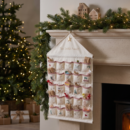 Close-up of numbered pockets and name on personalised woven advent calendar