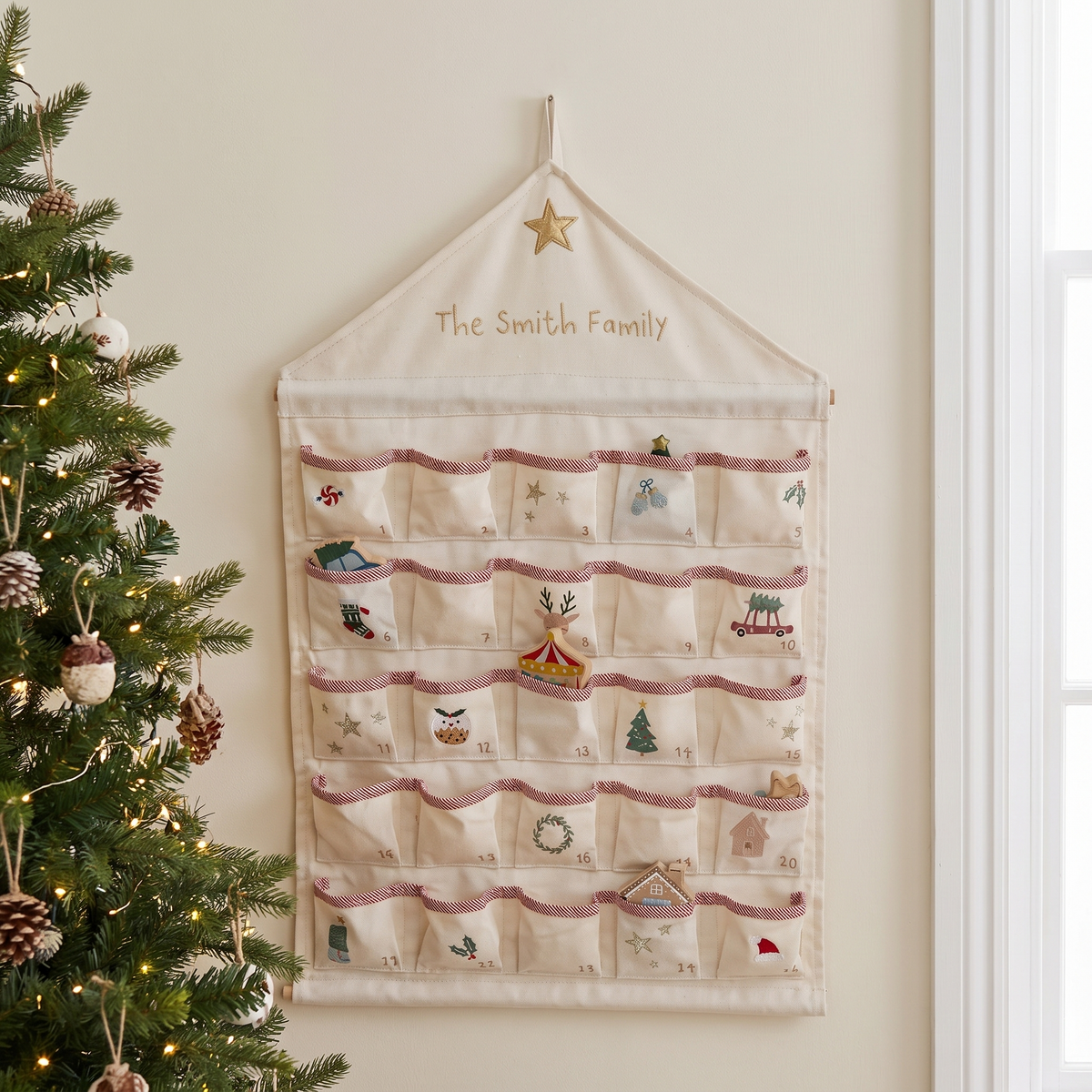 Personalised cream woven hanging advent calendar with 25 pockets