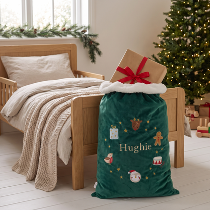 Close-up of embroidered wreath and name on green velvet Santa sack