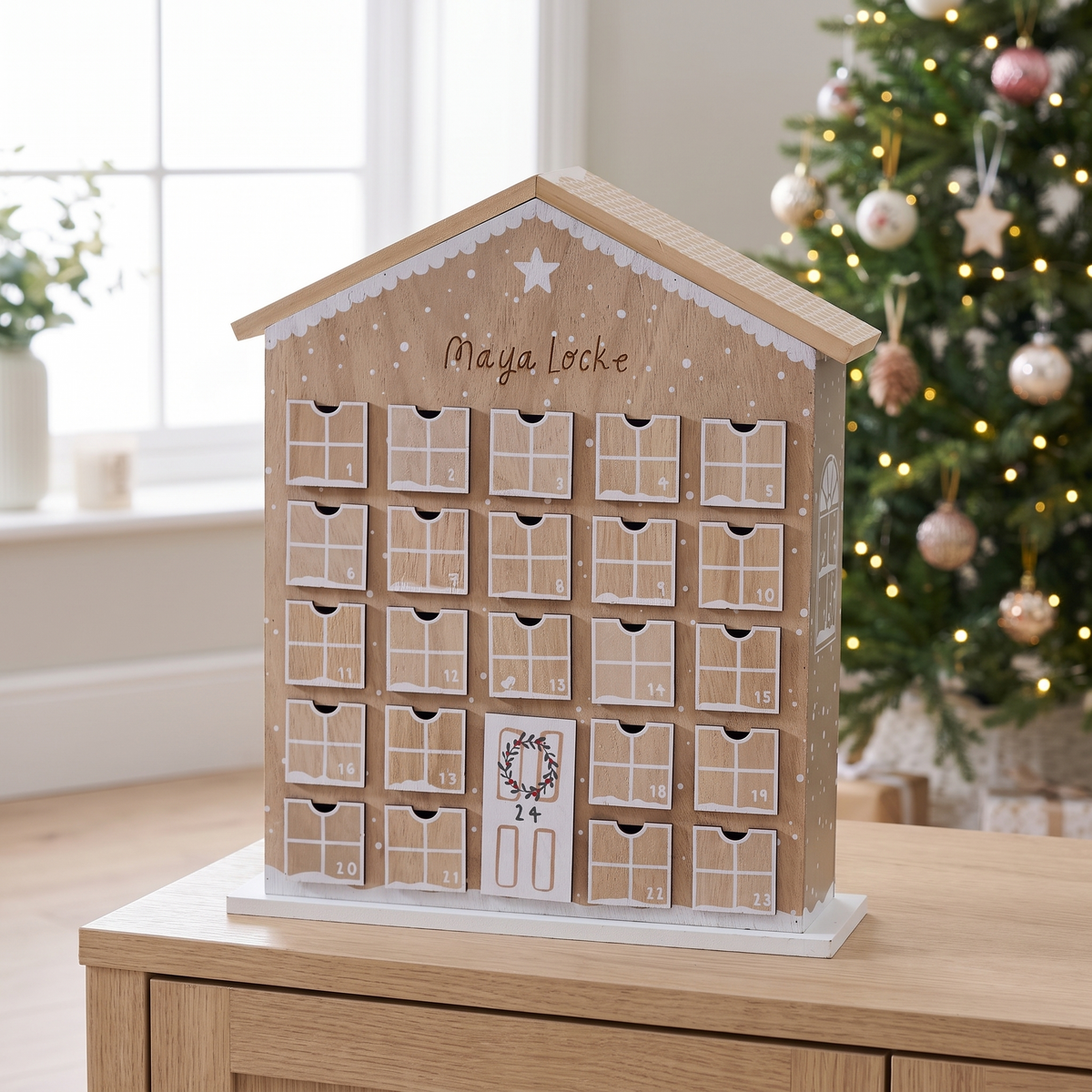 Personalised gingerbread advent house with 24 drawers for Christmas countdown