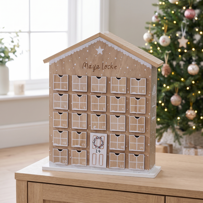 Personalised gingerbread advent house with 24 drawers for Christmas countdown