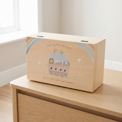 Personalised Noah's Ark wooden keepsake box with baby's name on a nursery shelf