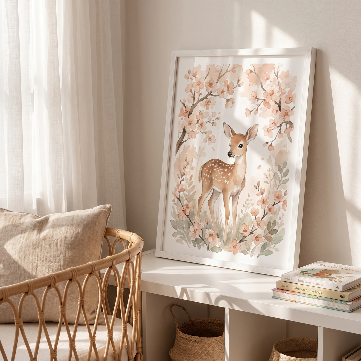 Close-up of watercolour deer wall art in a natural wood frame