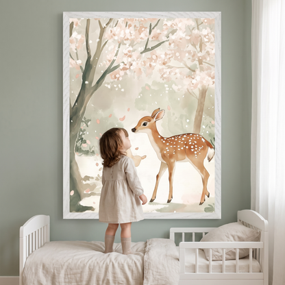 Framed deer and cherry blossom print hanging above a cot in a kids bedroom