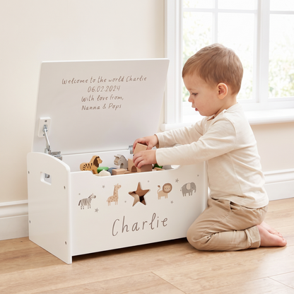 Close-up of safari animal illustrations and personalised lid on white toy box
