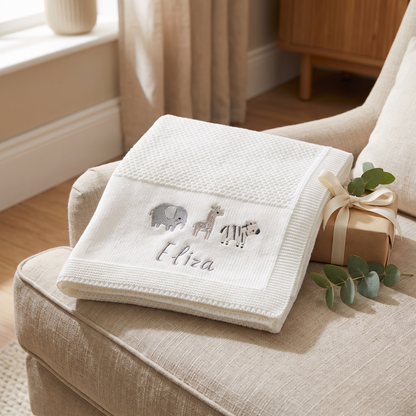 Ivory baby shawl blanket draped over a cot in a soft neutral nursery