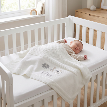 Close-up of embroidered name on ivory knitted cotton baby blanket