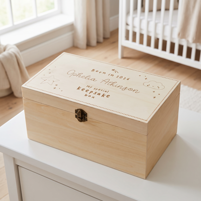 Personalised Born in 2026 wooden keepsake box with name on lid