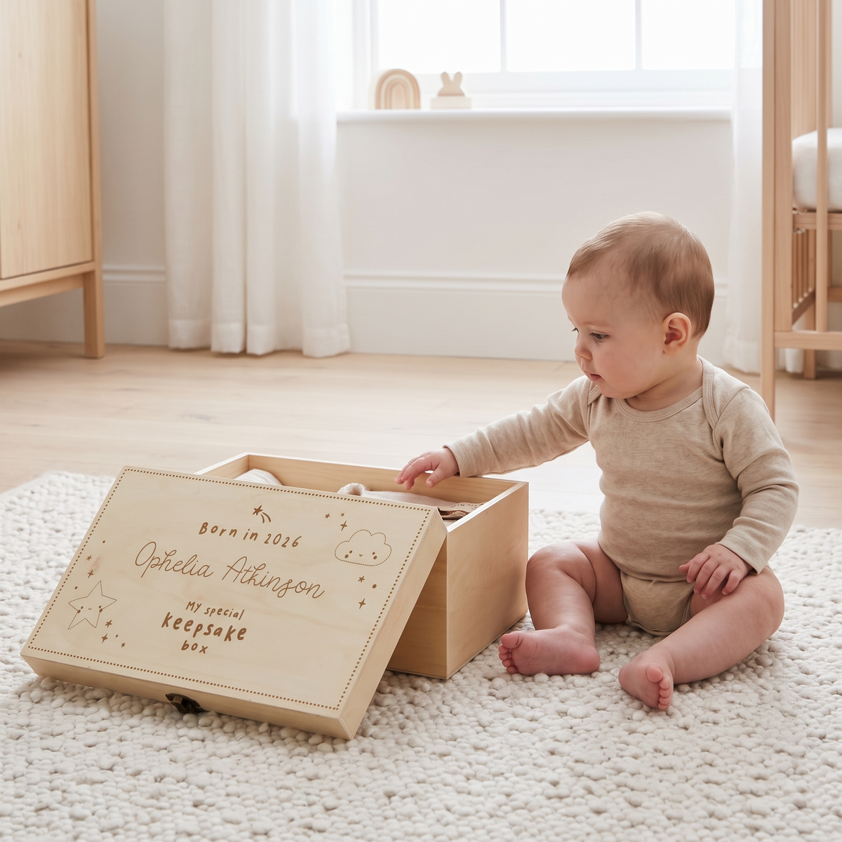 Wooden baby keepsake box styled on a nursery dresser
