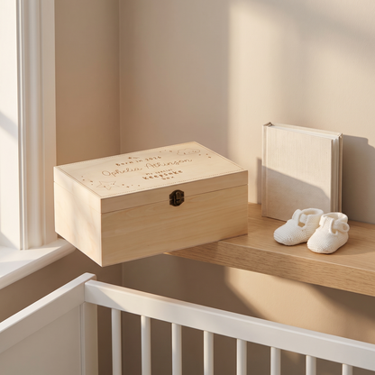Close-up of etched illustrations and personalised name on keepsake box lid