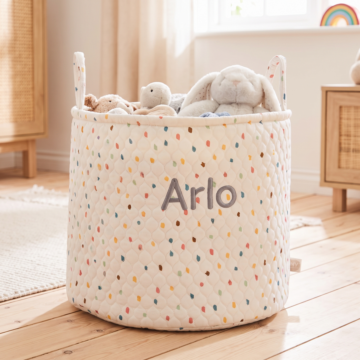 Personalised large white storage bag with rainbow polka dots and embroidered name