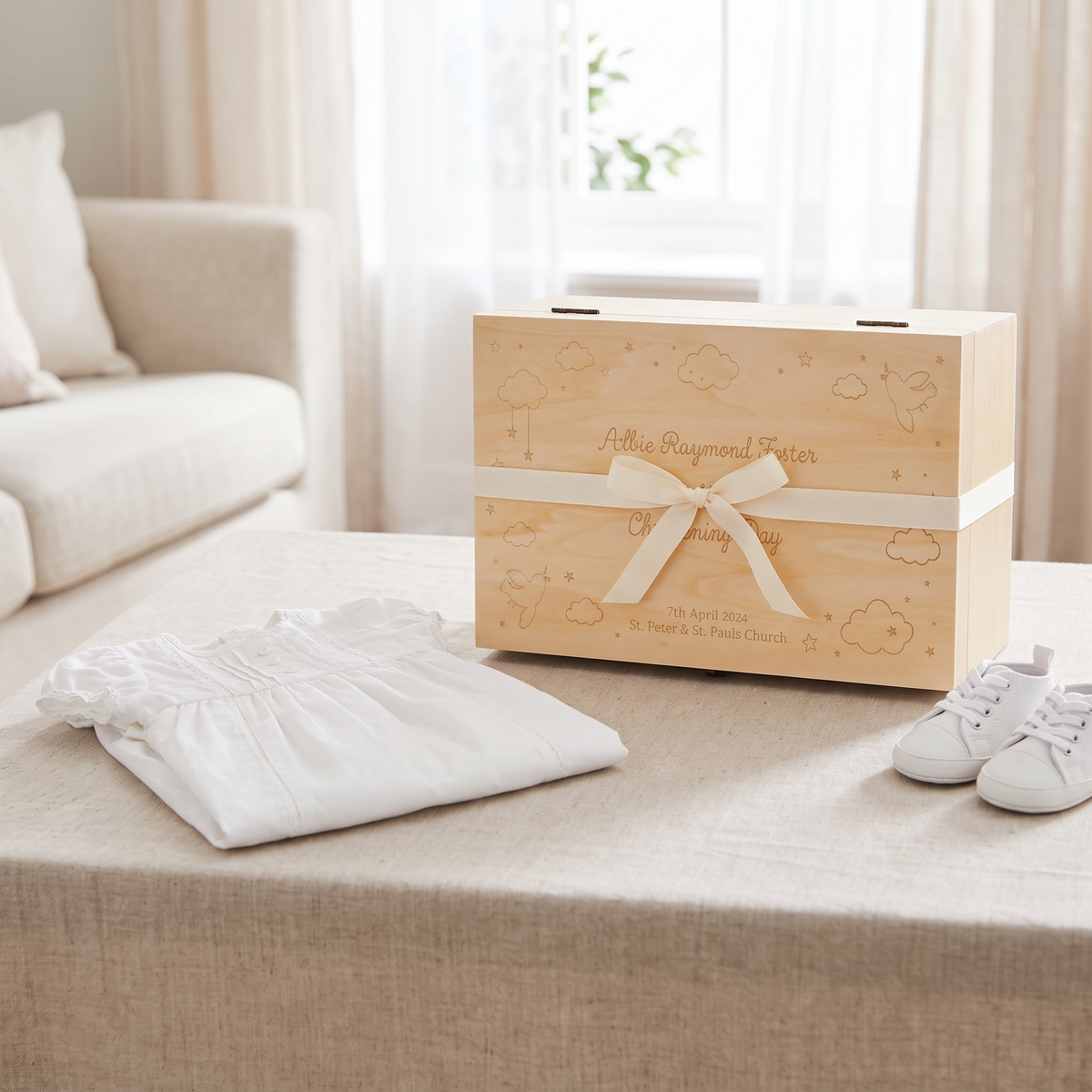 Close-up of engraved name, date and location on christening keepsake box lid