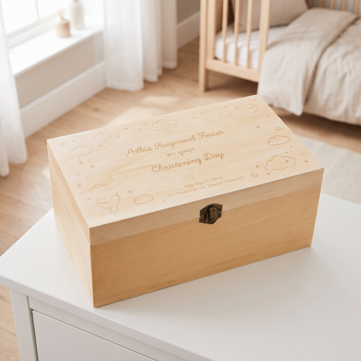 Personalised wooden christening keepsake box with engraved clouds, stars and doves