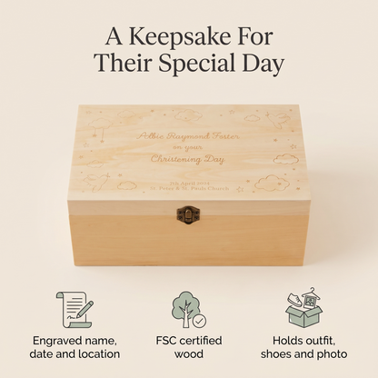 Open wooden christening keepsake box with cards and mementos inside