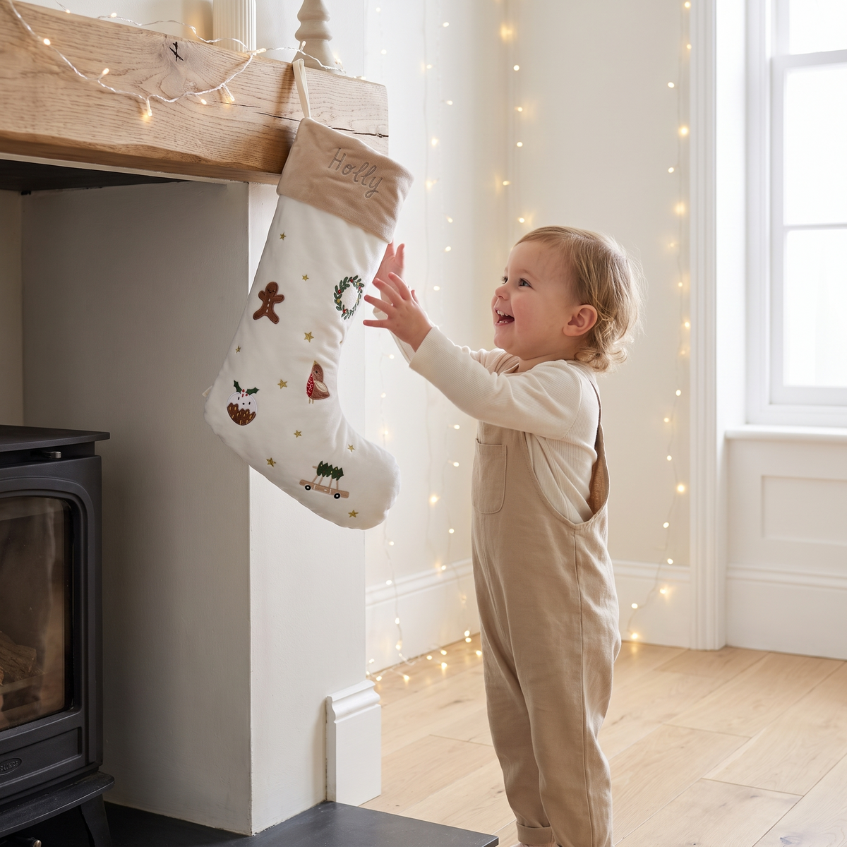 Neutral cream personalised Christmas stocking hanging by a fireplace