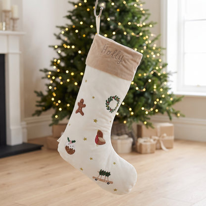 Personalised plush cream Christmas stocking with name, medium size