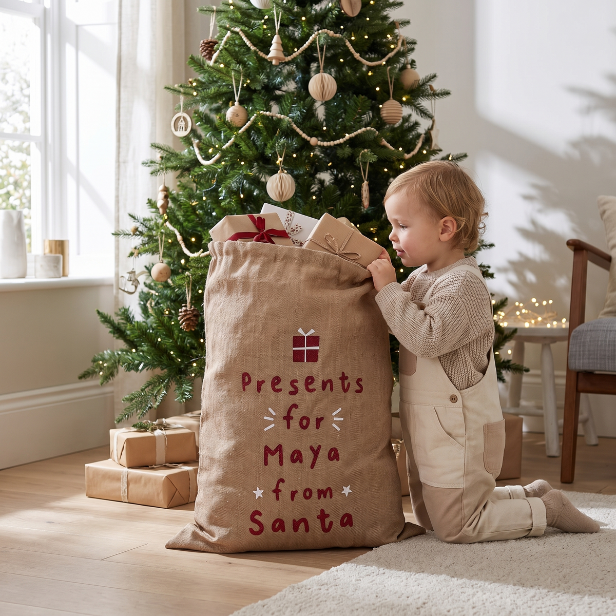 Hessian personalised Christmas sack beside a decorated tree