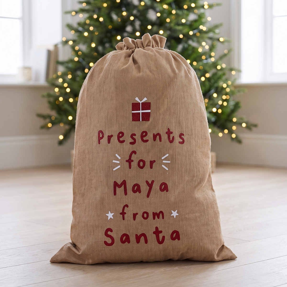 Personalised brown hessian Santa sack with red 'Presents For' lettering