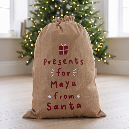 Personalised brown hessian Santa sack with red 'Presents For' lettering