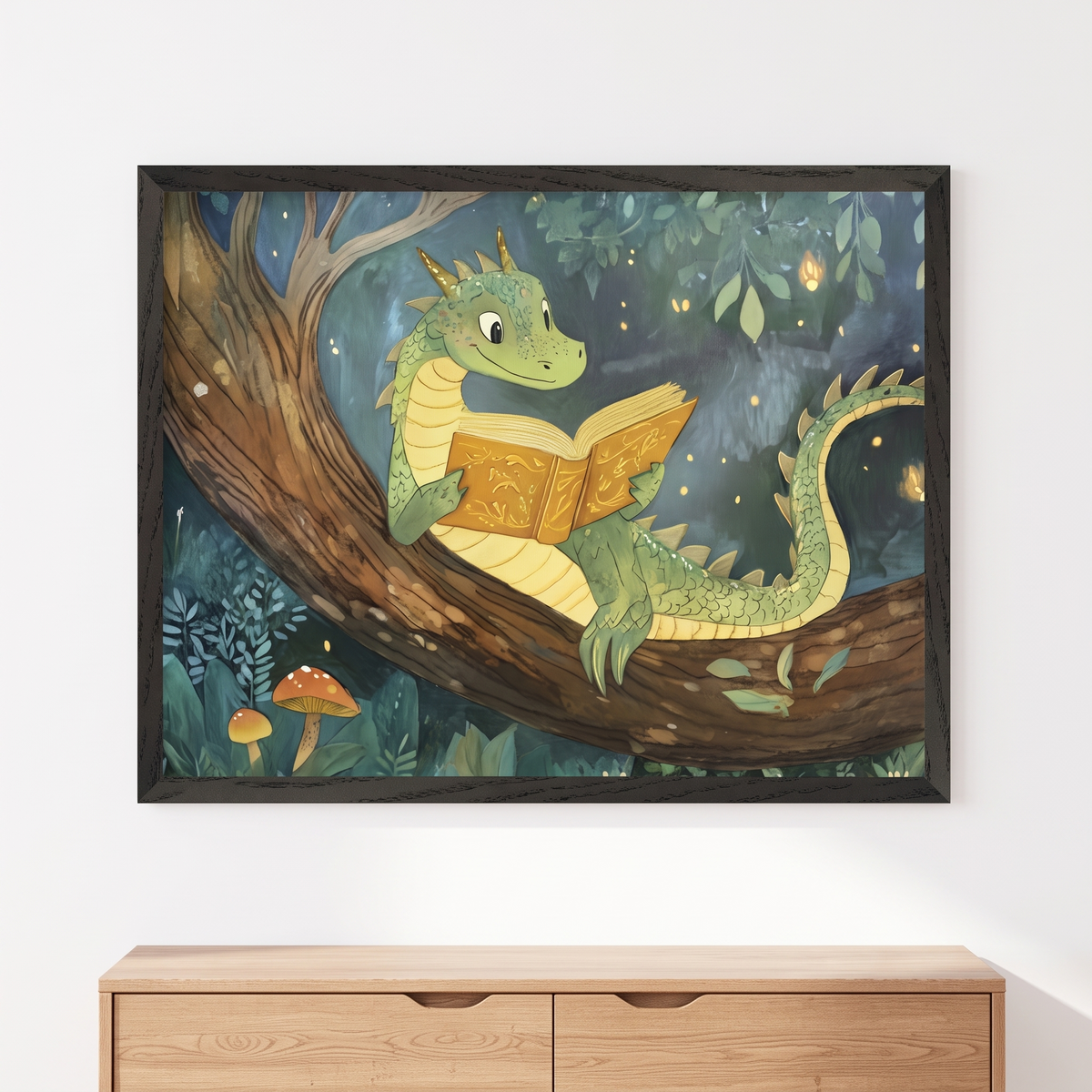 Whimsical dragon reading a book in an enchanted forest wall art print