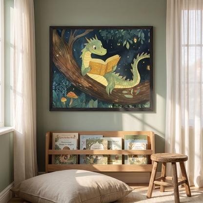 Close-up of the reading dragon print in a natural oak frame