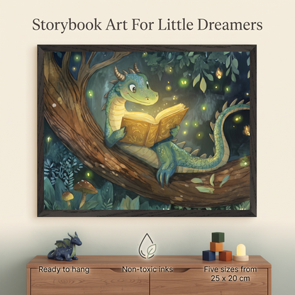 Dragon forest art print styled above a kids reading nook with cushions