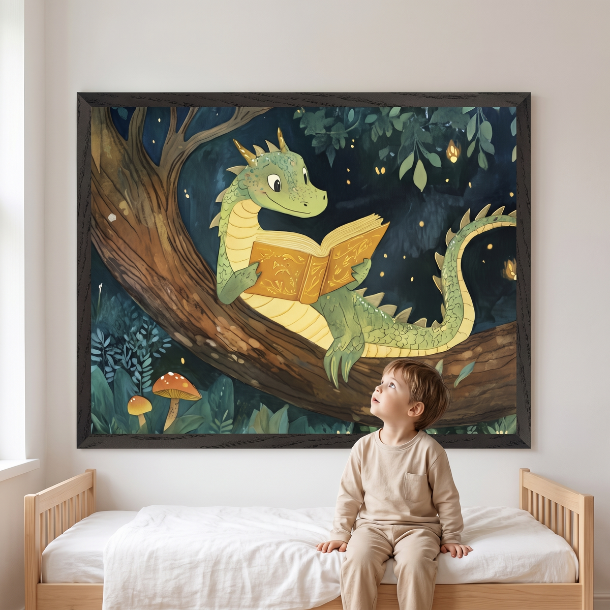 Framed dragon wall art hanging in a green and gold kids bedroom