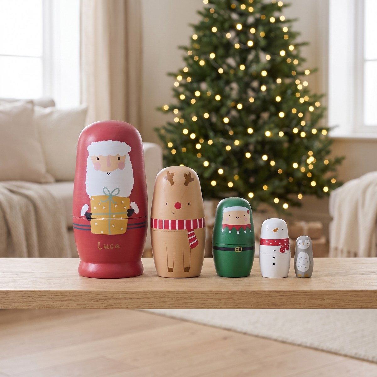 Personalised wooden Christmas nesting dolls set of five with Santa and reindeer