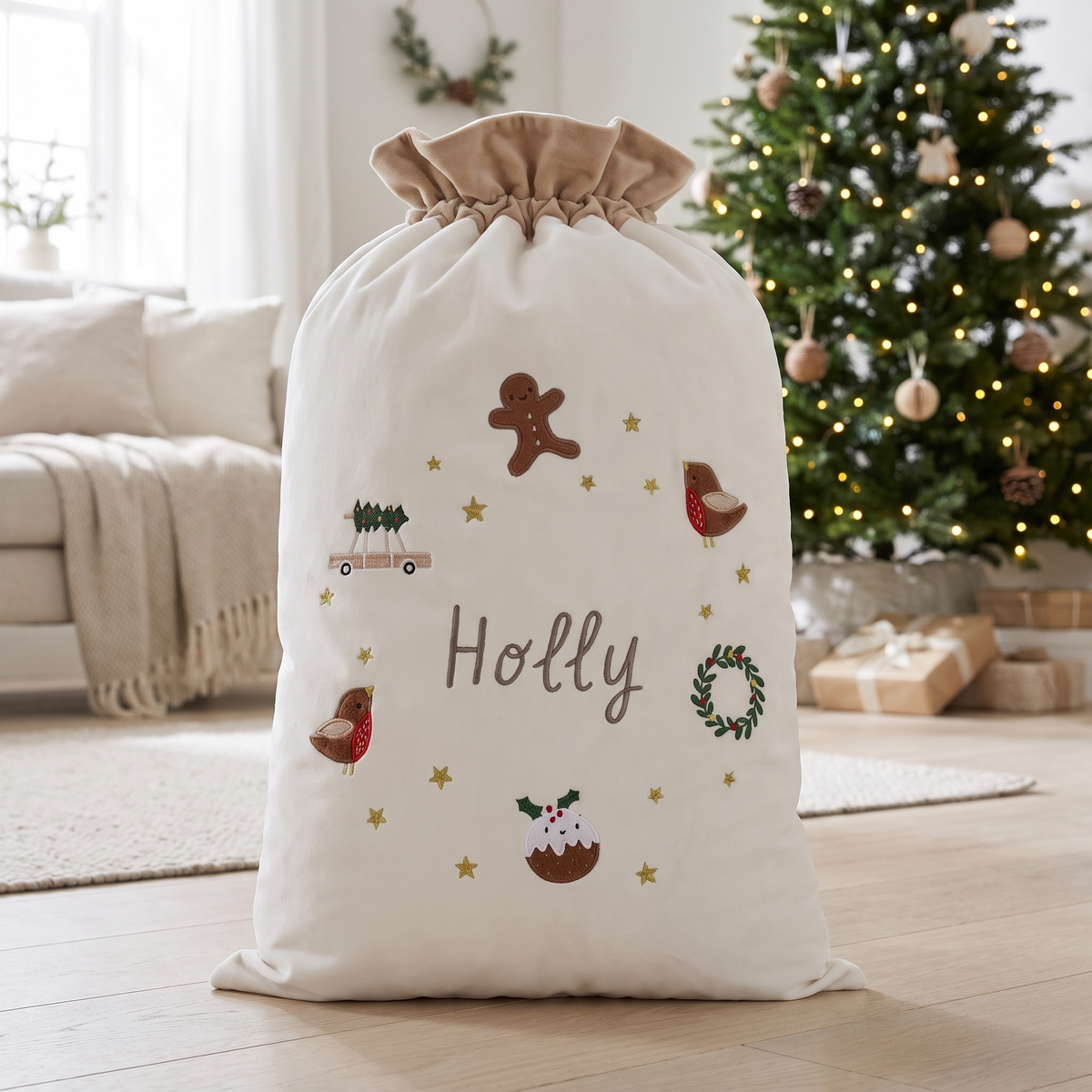 Personalised plush cream neutral Santa sack with name