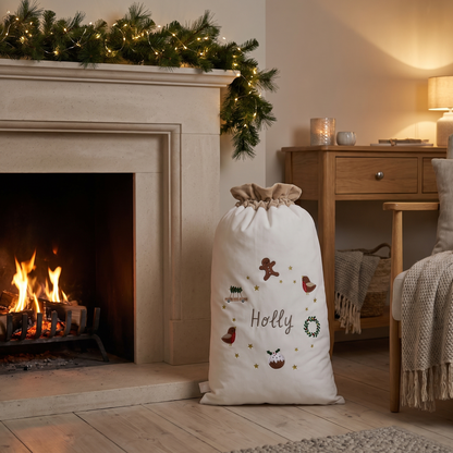 Close-up of name detail on plush cream personalised Santa sack