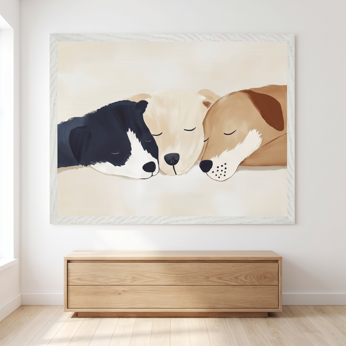 Sleeping puppies wall art print in soft neutral tones for a nursery