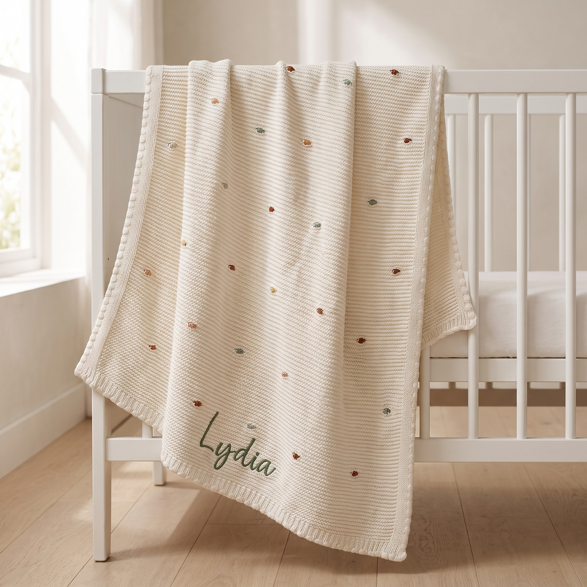 Personalised multi-colour bobble knitted baby blanket with embroidered name on a cot
