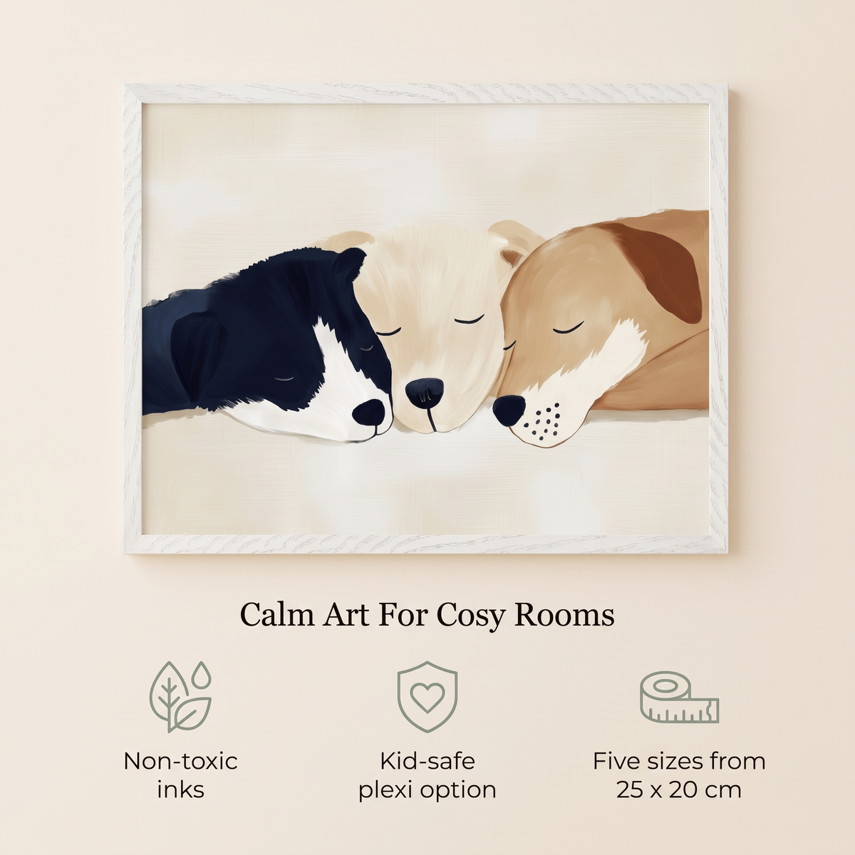 Sleeping dogs art print styled on a kids bedroom wall with soft bedding