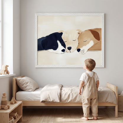 Framed sleeping dogs print hanging above a cot in a calm neutral nursery