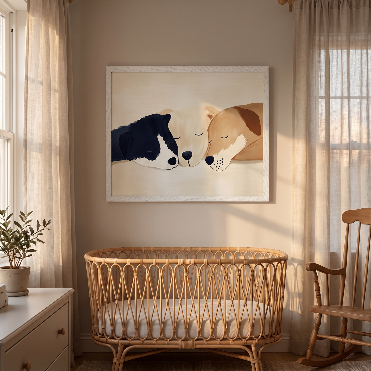 Close-up of cosy puppy wall art in a natural wood frame