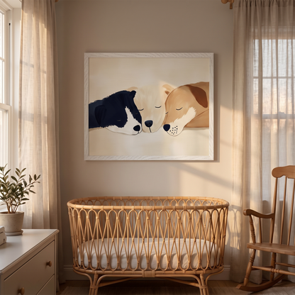 Close-up of cosy puppy wall art in a natural wood frame