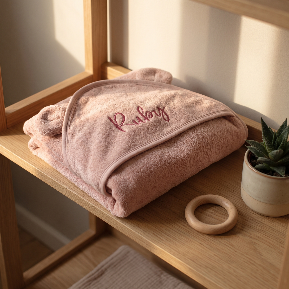 Dusky pink hooded towel folded in a soft bathroom setting