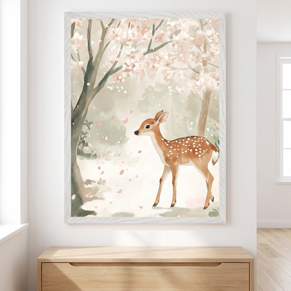 Woodland deer watercolour wall art with cherry blossom in a soft pastel nursery