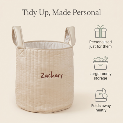 Personalised neutral stripe toy storage bag styled in a calm playroom