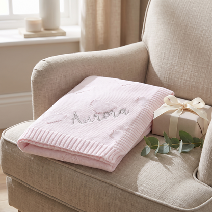 Pale pink heart baby blanket folded in a soft neutral nursery