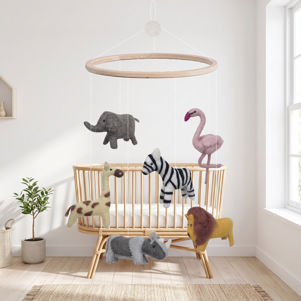Safari jungle baby cot mobile with wool felt animals on a wooden frame